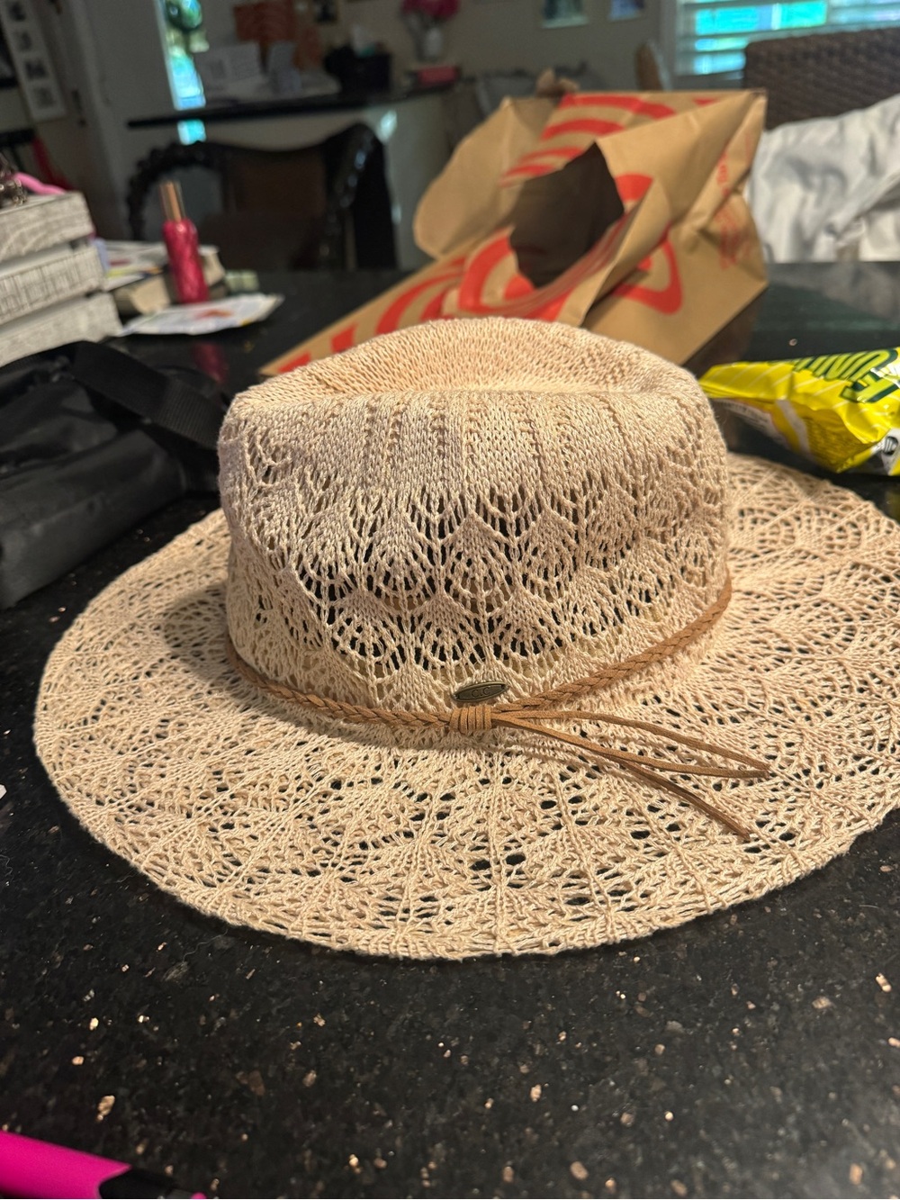 Women's Beige Crochet Sun Hat with Decorative Band